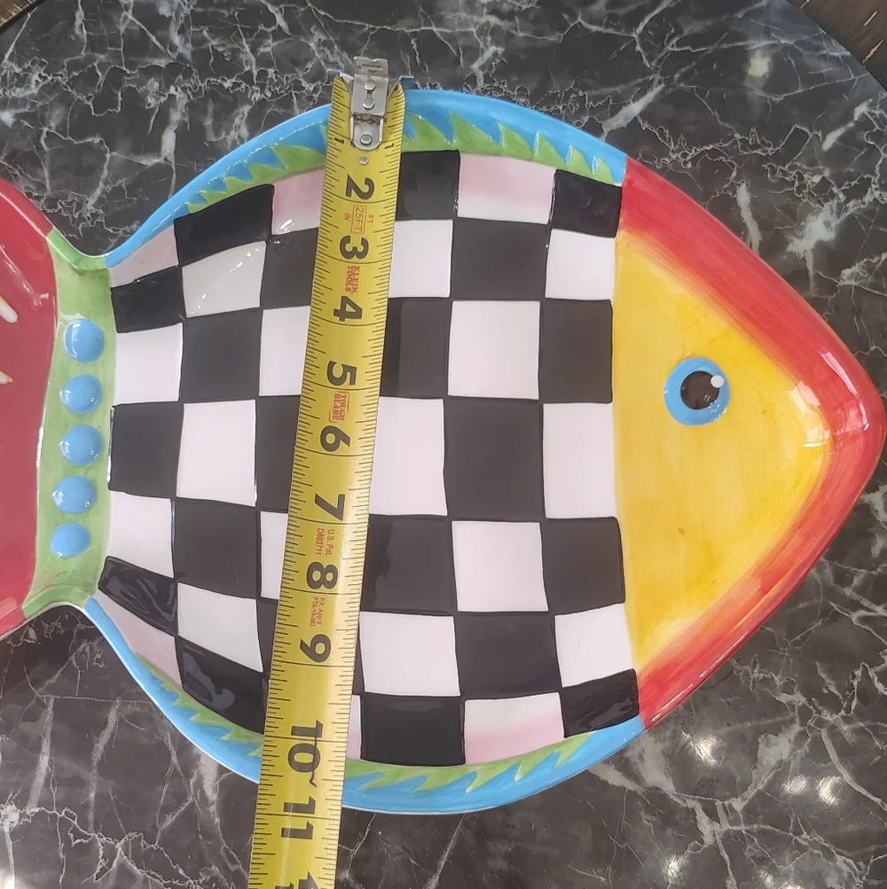Linens-n-Things Colorful Checkered Fish-Shaped Ceramic Dish Large